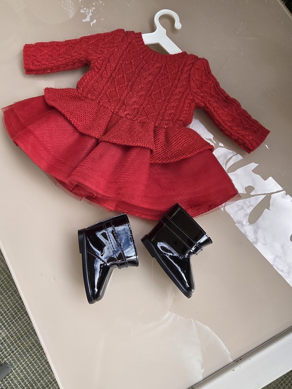 American Girl Red Knit Peplum Dress with Black Patent Boots